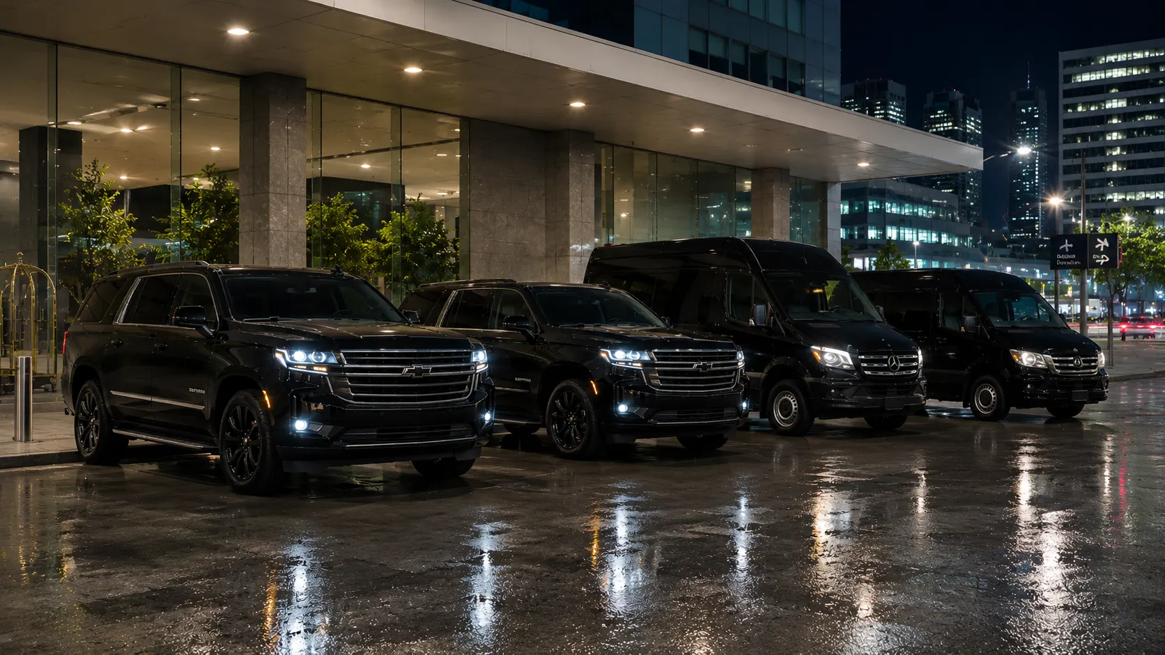 Una flota de SUV y vans negras esperando de noche en la entrada de un hotel, con la ciudad de fondo.